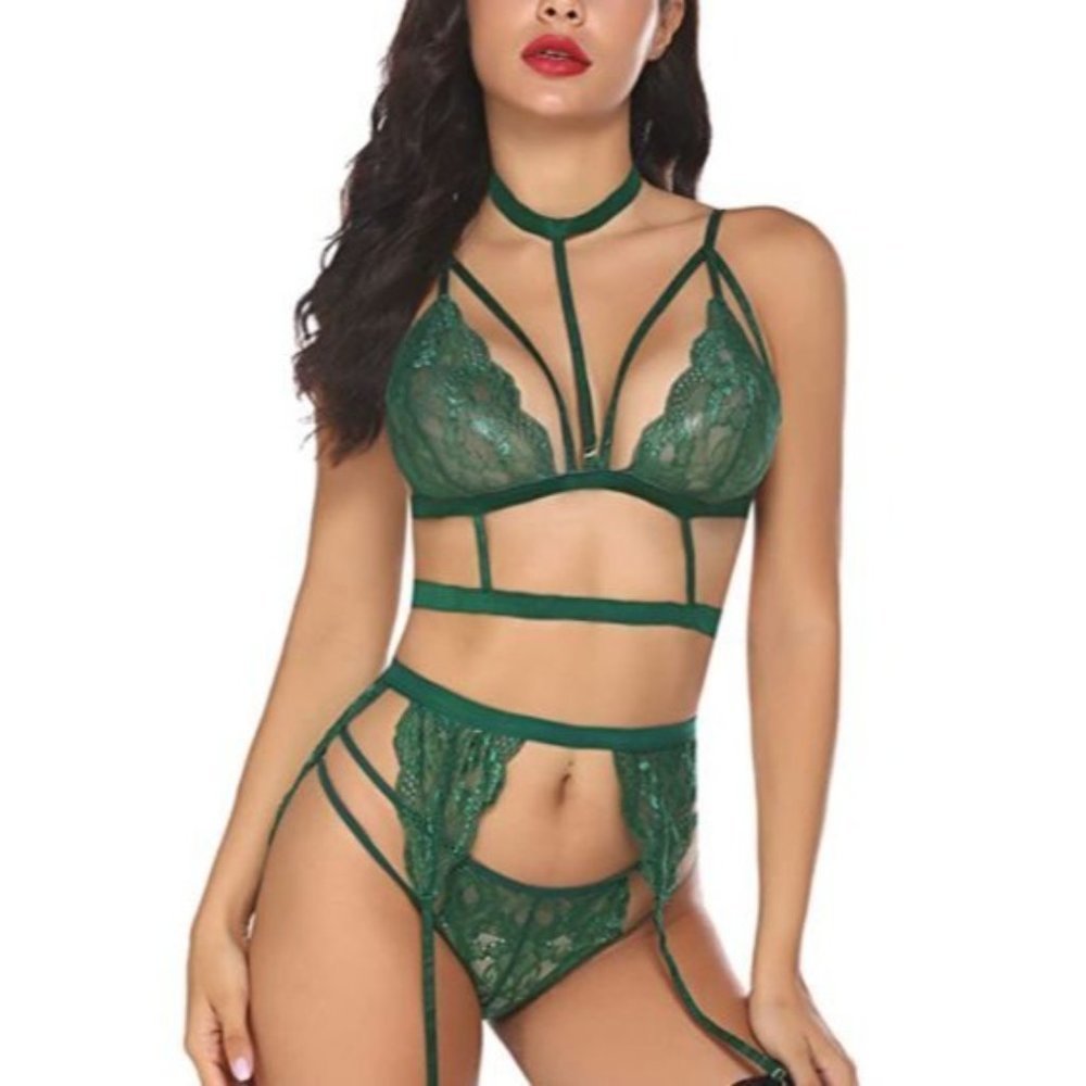 Size XSmall thru 3X - Green Lace Garter Set with Choker Strappy Bra Panty Set
